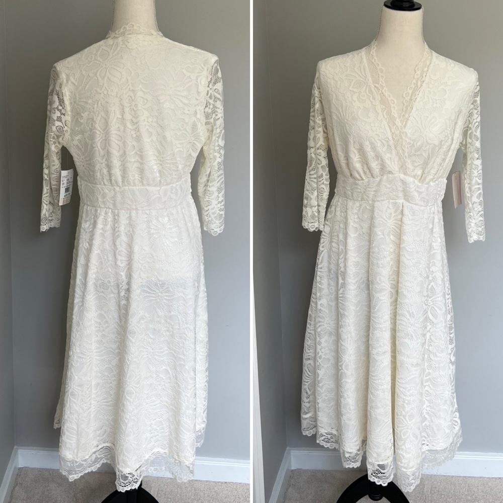 Kiyonna knee length 3/4 sleeve lace v neck dress- ivory- size 0X NWT - Picture 4 of 12
